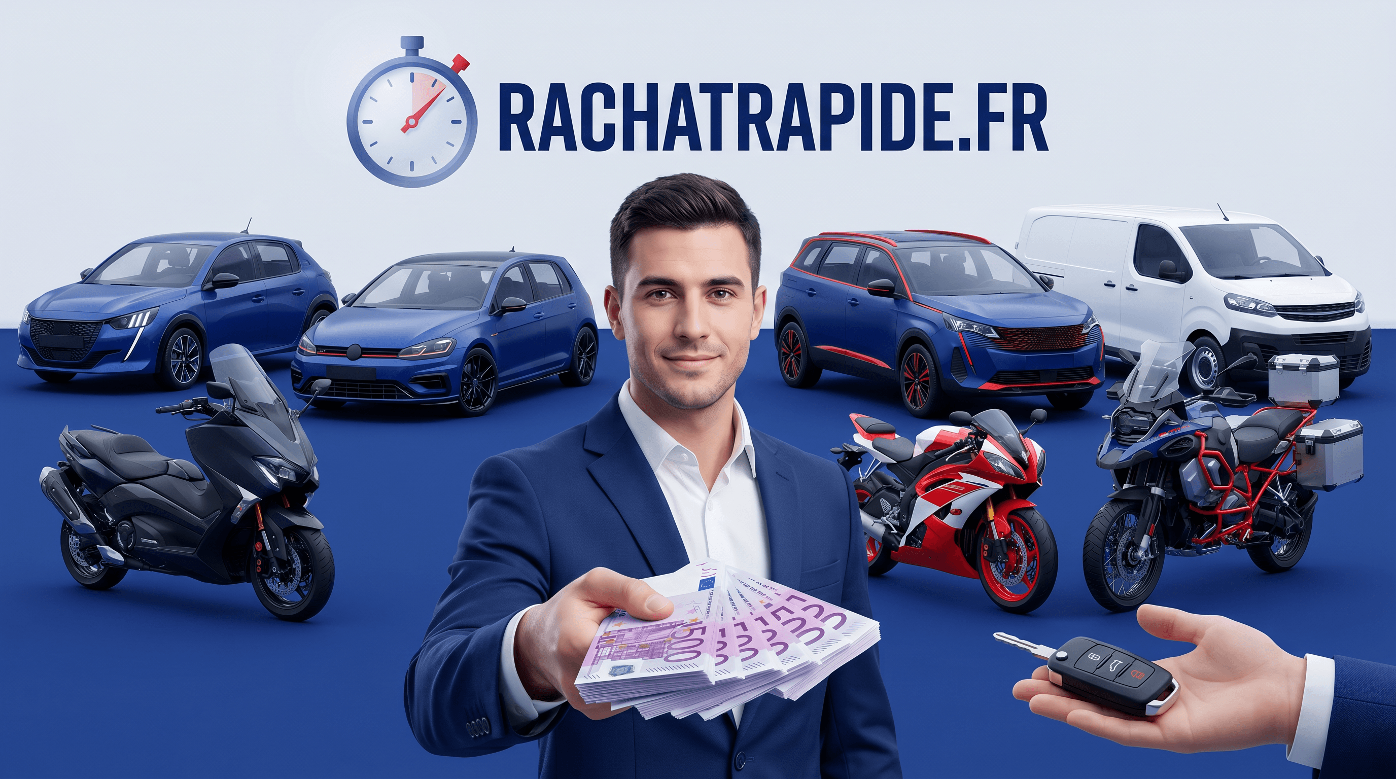 Rachat rapide de tous types de véhicules — voitures, utilitaires, motos — paiement immédiat en espèces, dans toute l'Île-de-France